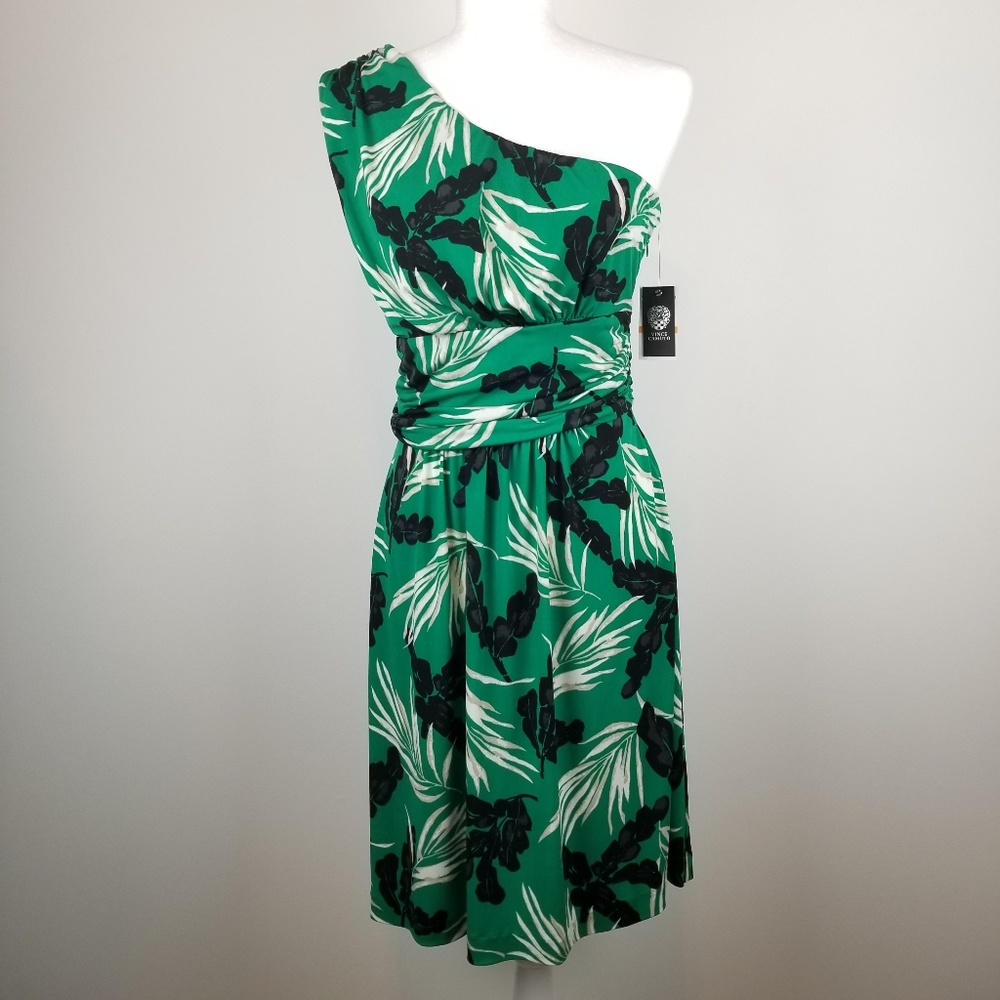 NWT Vince Camuto One Shoulder Green Palm Print Dress Small